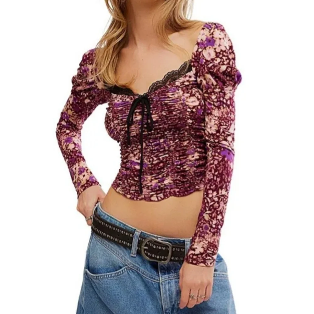 Free People Pink and Purple Tie Front Crop Blouse, MEDIUM